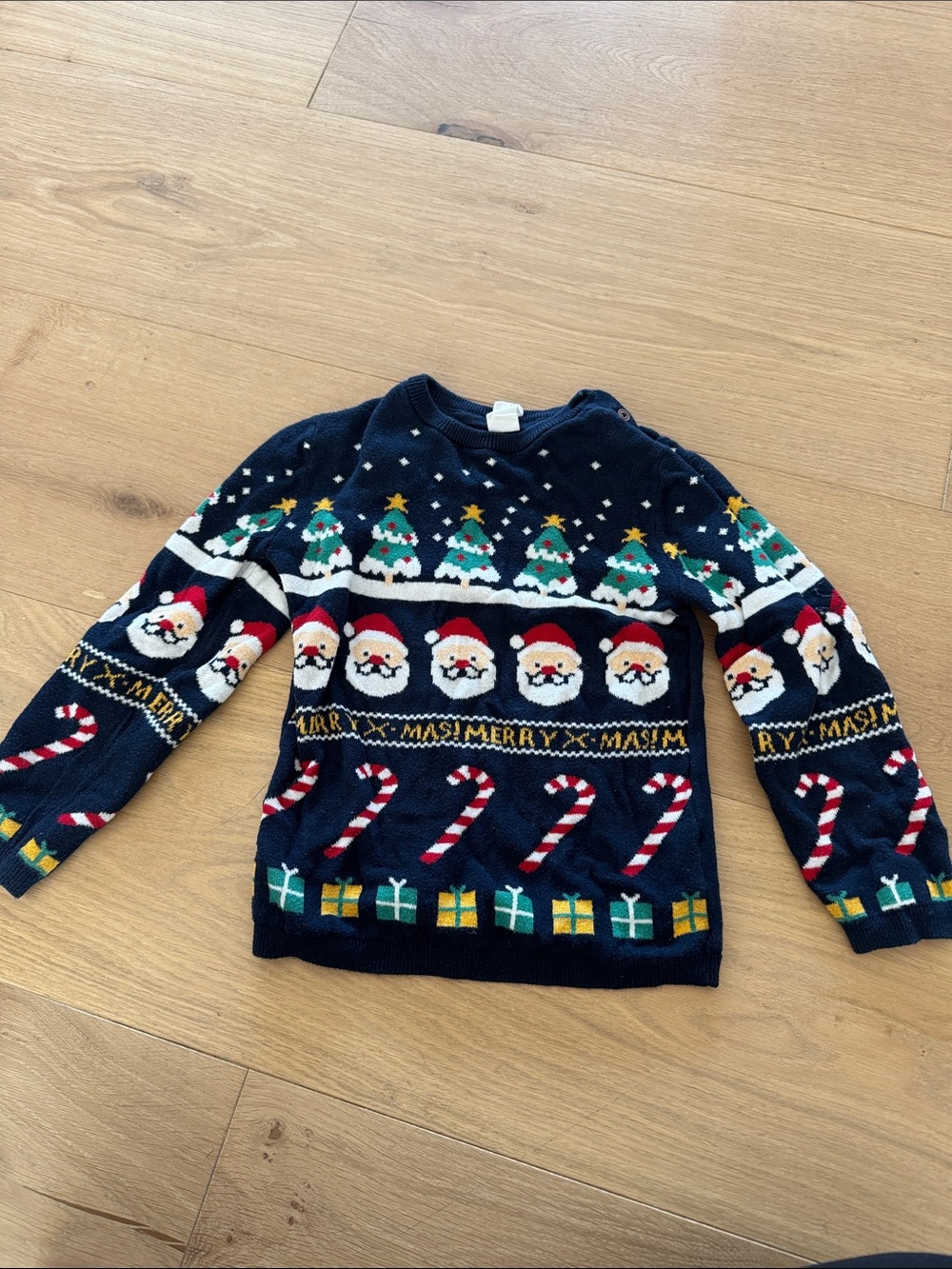 H&M Navy Blue Kids Christmas Sweater with Santa, Trees & Candy Canes